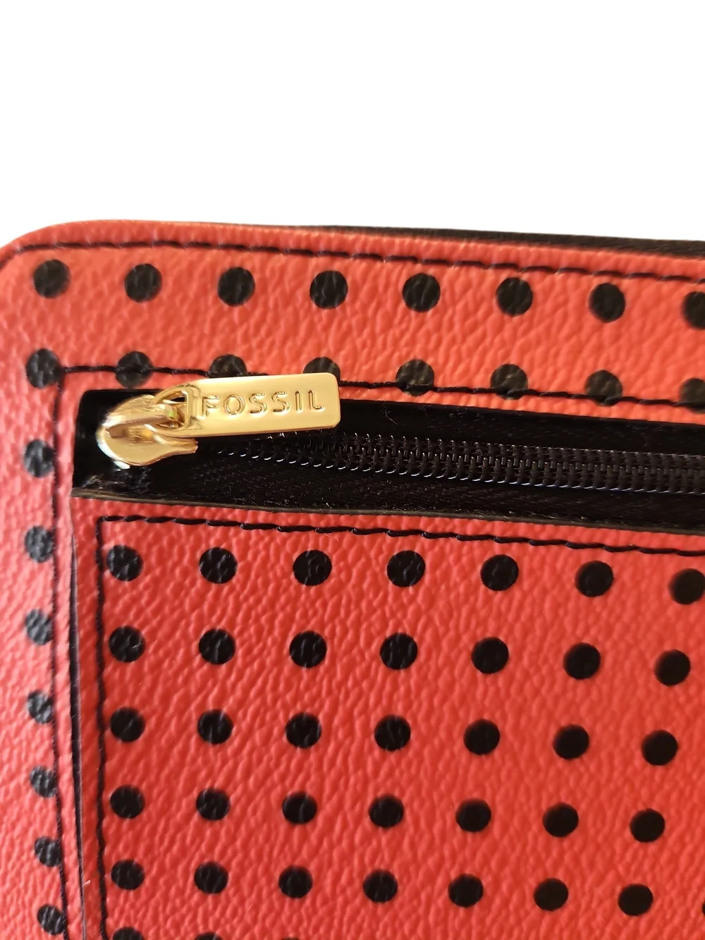 NWT Fossil Watermelon Pink/Lipstick Sydney Polka Dot Zip Around Leather Wallet